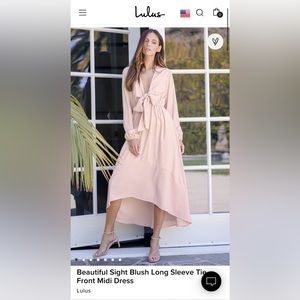 NWT Lulus Beautiful Sight Blush Long Sleeve Tie-Front Midi Dress